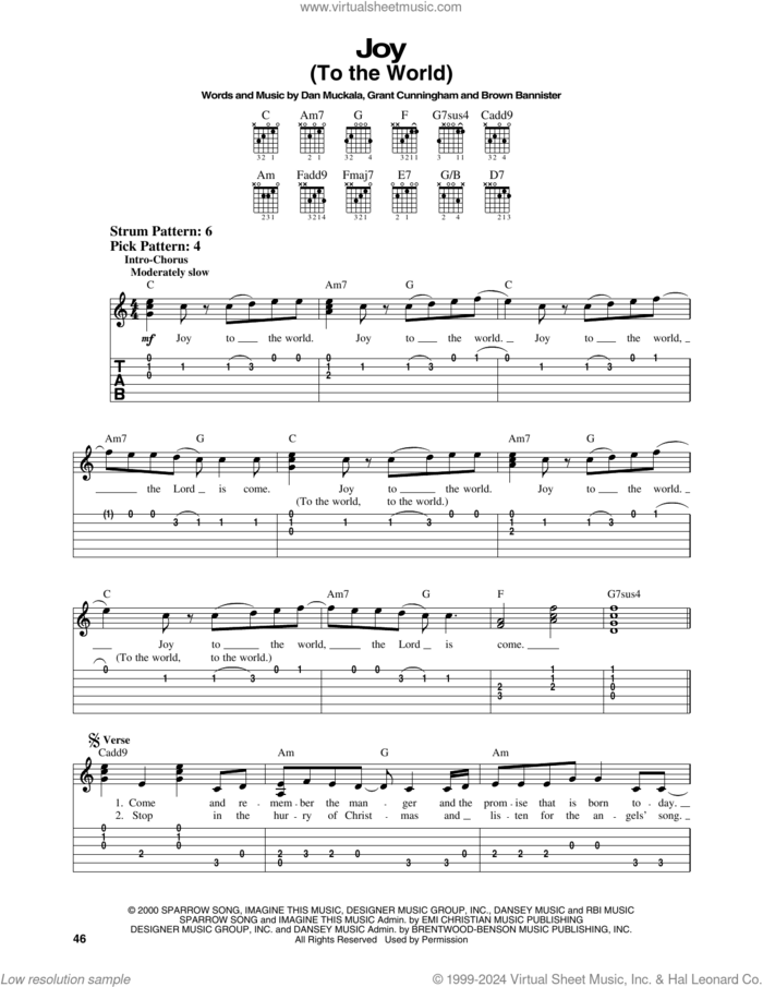 Joy (To The World) sheet music for guitar solo (easy tablature) by Avalon, Brown Bannister, Dan Muckala and Grant Cunningham, easy guitar (easy tablature)