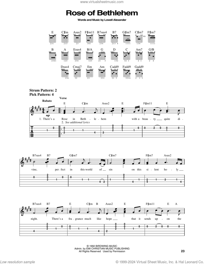 Rose Of Bethlehem sheet music for guitar solo (easy tablature) by Steve Green and Lowell Alexander, easy guitar (easy tablature)