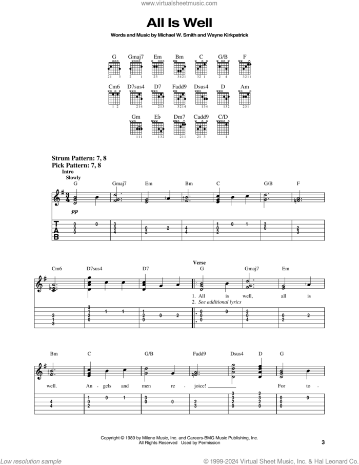 All Is Well sheet music for guitar solo (easy tablature) by Michael W. Smith and Wayne Kirkpatrick, easy guitar (easy tablature)