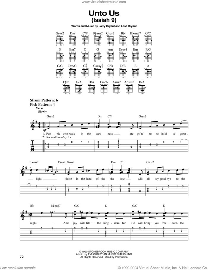 Unto Us (Isaiah 9) sheet music for guitar solo (easy tablature) by Sandi Patty, Larry Bryant and Lesa Bryant, easy guitar (easy tablature)