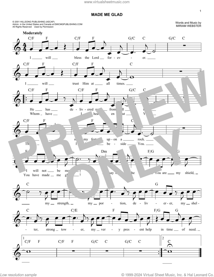 Made Me Glad sheet music for voice and other instruments (fake book) by Hillsong Worship and Miriam Webster, easy skill level