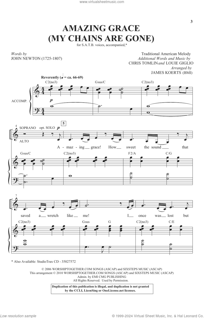 Amazing Grace (My Chains Are Gone) (arr. James Koerts) sheet music for choir (SATB: soprano, alto, tenor, bass) by Chris Tomlin, James Koerts, John Newton, Louie Giglio and Miscellaneous, intermediate skill level