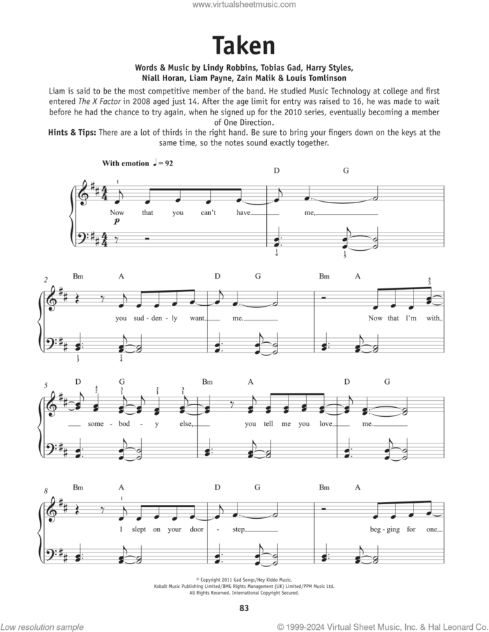 Taken, (beginner) sheet music for piano solo by One Direction, Edward Styles, Liam Payne, Lindy Robbins, Louis Tomlinson, Niall Horan, Toby Gad and Zain Malik, beginner skill level