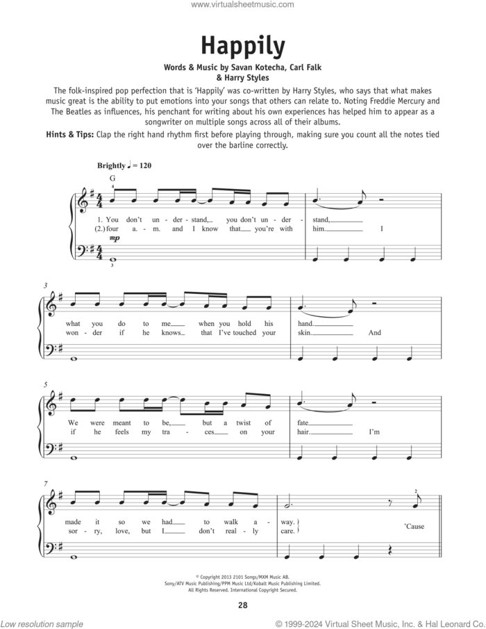 Happily sheet music for piano solo by One Direction, Carl Falk, Harry Styles and Savan Kotecha, beginner skill level