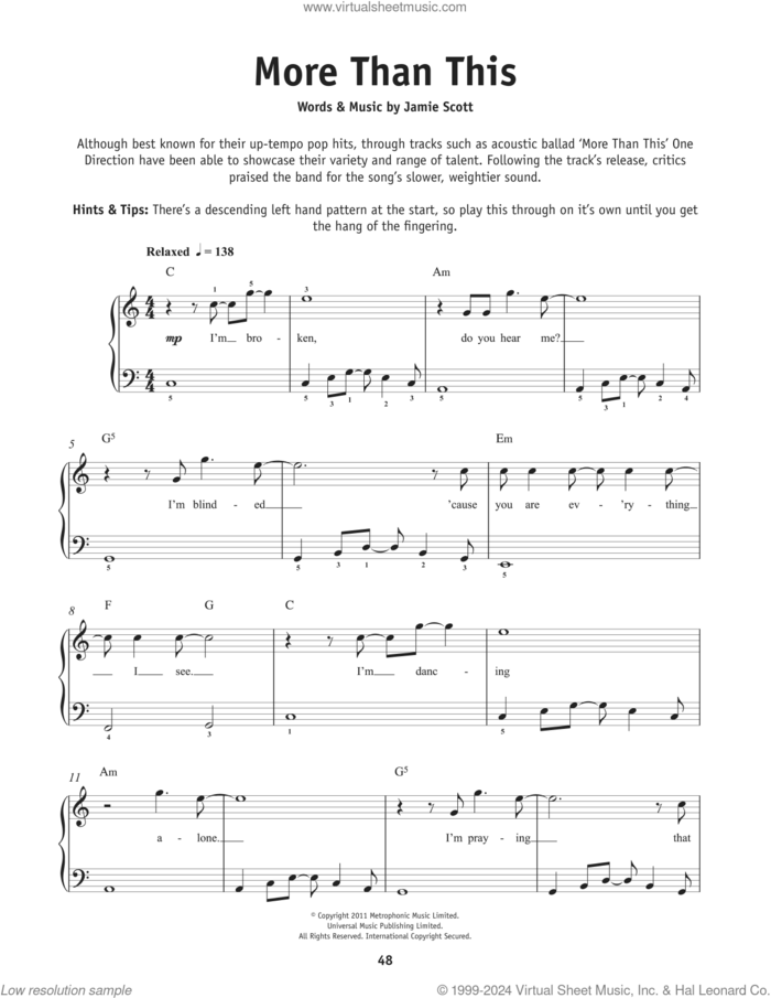 More Than This, (beginner) sheet music for piano solo by One Direction and Jamie Scott, beginner skill level