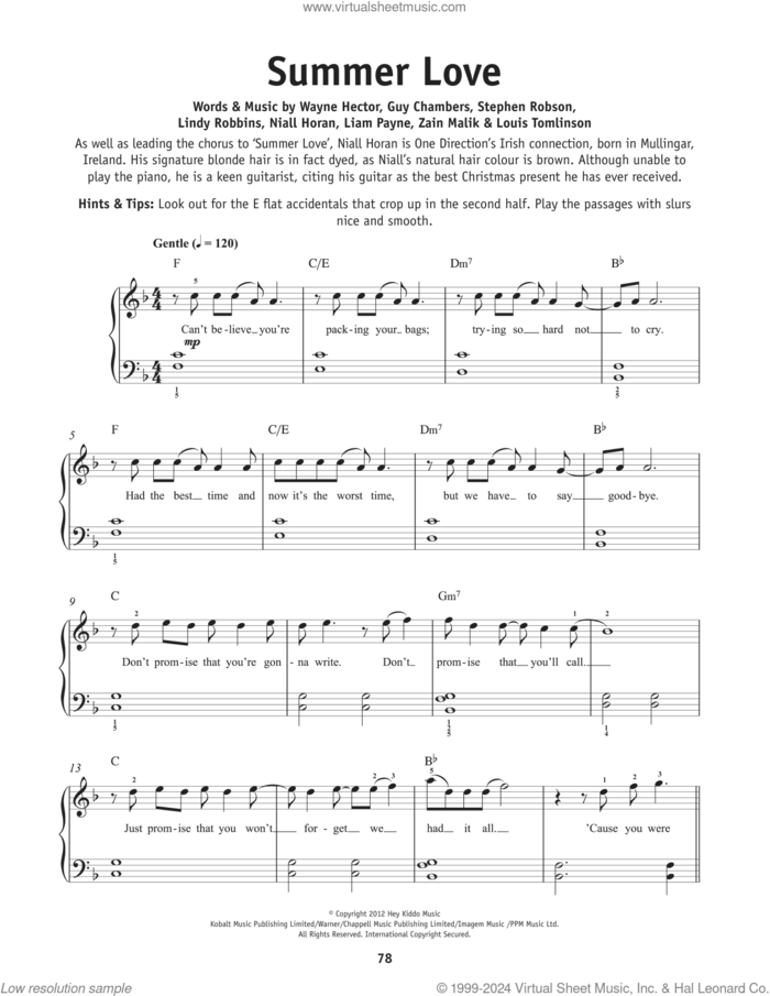 Summer Love, (beginner) sheet music for piano solo by One Direction, Harry Styles, Liam Payne, Lindy Robbins, Louis Tomlinson, Niall Horan, Steve Robson, Wayne Hector and Zain Malik, beginner skill level