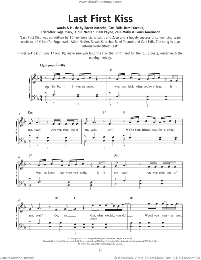 Last First Kiss sheet music for piano solo by One Direction, Albin Nedler, Carl Falk, Kristoffer Fogelmark, Liam Payne, Louis Tomlinson, Rami, Savan Kotecha and Zain Malik, beginner skill level