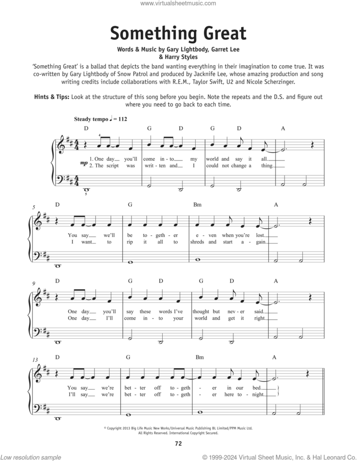 Something Great sheet music for piano solo by One Direction, Garret Lee, Gary Lightbody and Harry Styles, beginner skill level