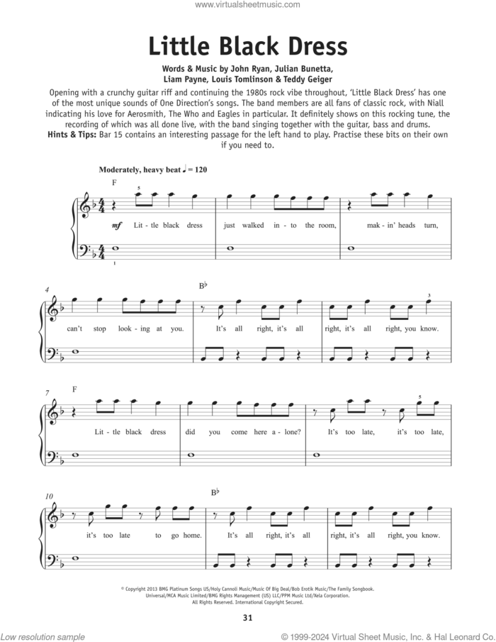 Little Black Dress sheet music for piano solo by One Direction, John Ryan, John Theodore Geiger, Julian Bunetta, Liam Payne and Louis Tomlinson, beginner skill level