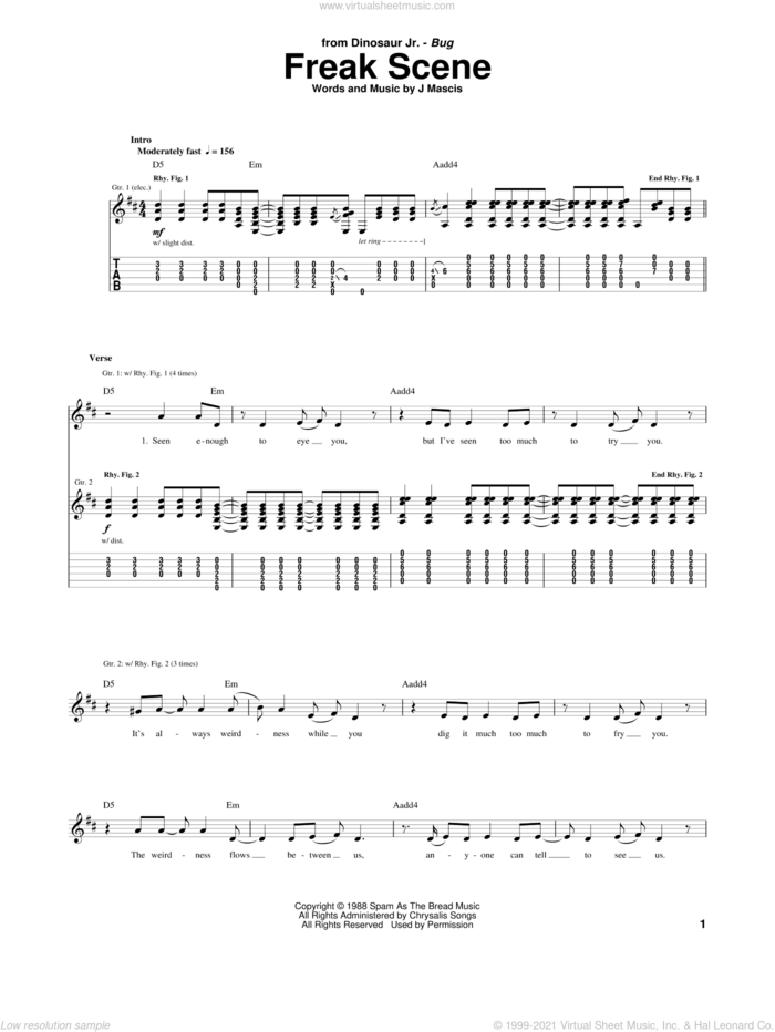 Freak Scene sheet music for guitar (tablature) by Dinosaur Jr. and Joseph Mascis, intermediate skill level