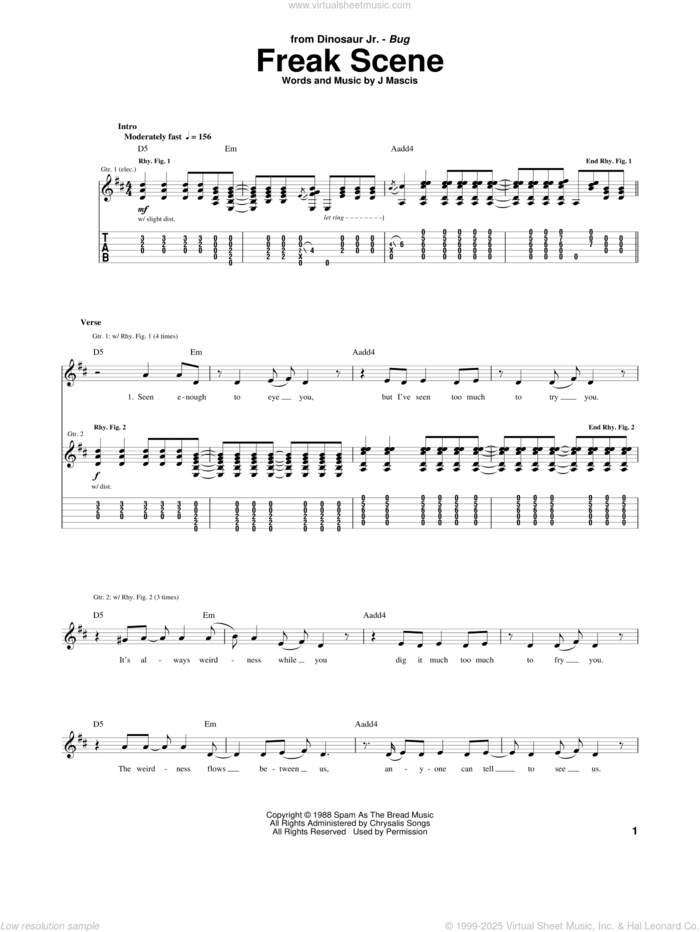 Freak Scene sheet music for guitar (tablature) by Dinosaur Jr. and Joseph Mascis, intermediate skill level