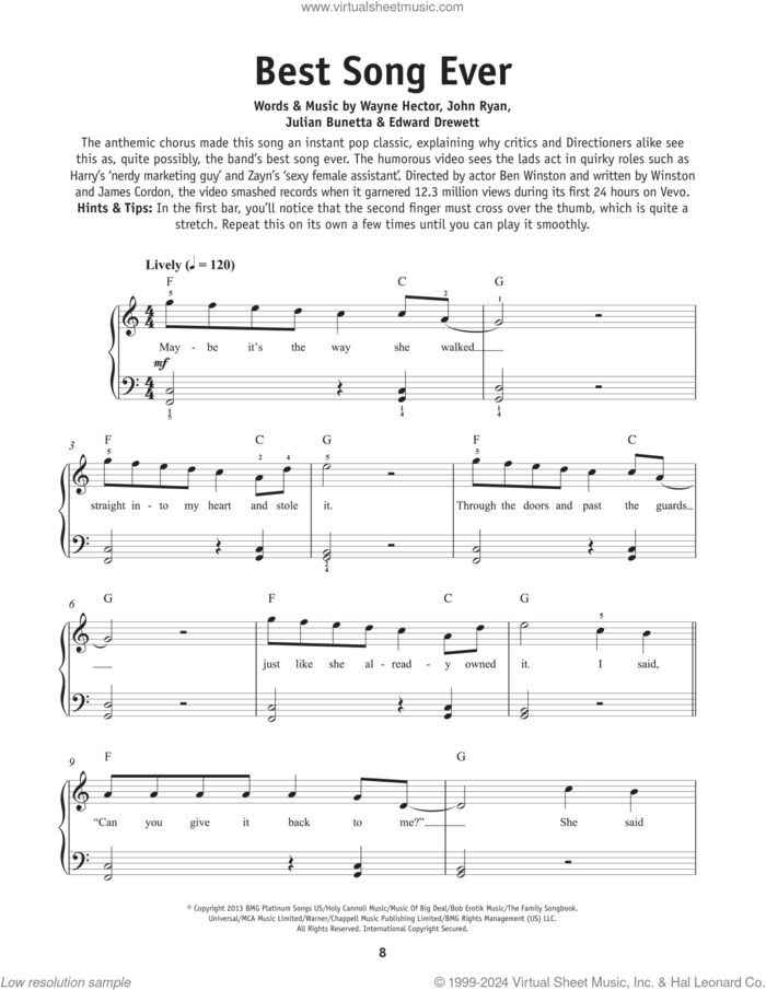 Best Song Ever sheet music for piano solo by One Direction, Edward Drewett, John Ryan, Julian Bunetta and Wayne Hector, beginner skill level