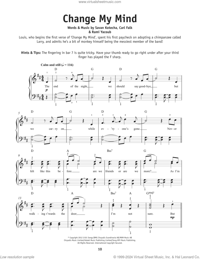 Change My Mind sheet music for piano solo by One Direction, Carl Falk, Rami and Savan Kotecha, beginner skill level