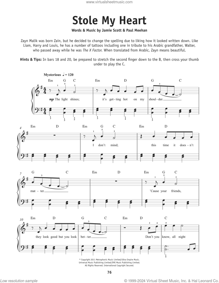 Stole My Heart sheet music for piano solo by One Direction, Jamie Scott and Paul Meehan, beginner skill level