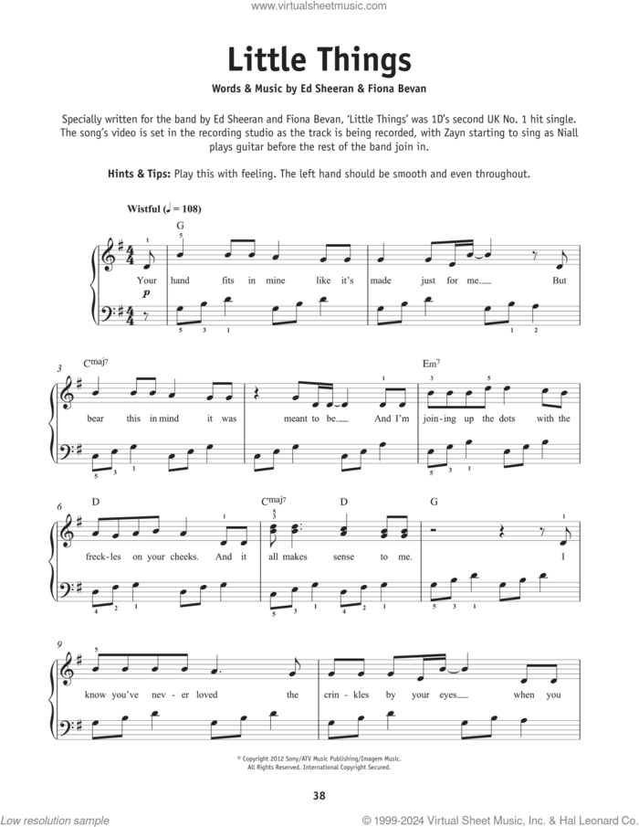 Little Things sheet music for piano solo by One Direction, Ed Sheeran and Fiona Bevan, beginner skill level