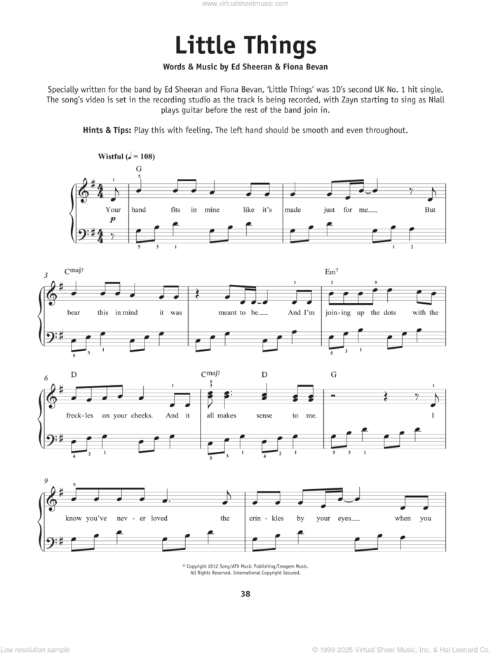 Little Things sheet music for piano solo by One Direction, Ed Sheeran and Fiona Bevan, beginner skill level