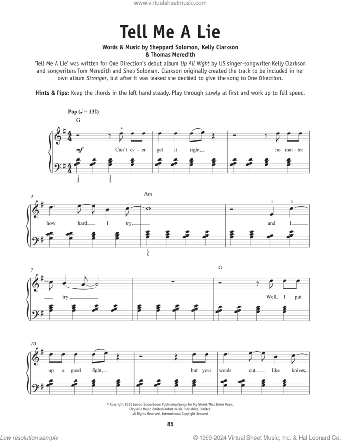 Tell Me A Lie, (beginner) sheet music for piano solo by One Direction, Kelly Clarkson, Sheppard Solomon and Tom Meredith, beginner skill level