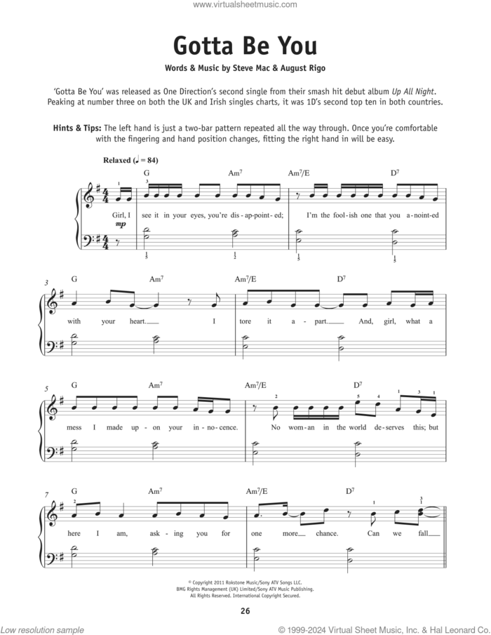 Gotta Be You sheet music for piano solo by One Direction, August Rigo and Steve Mac, beginner skill level