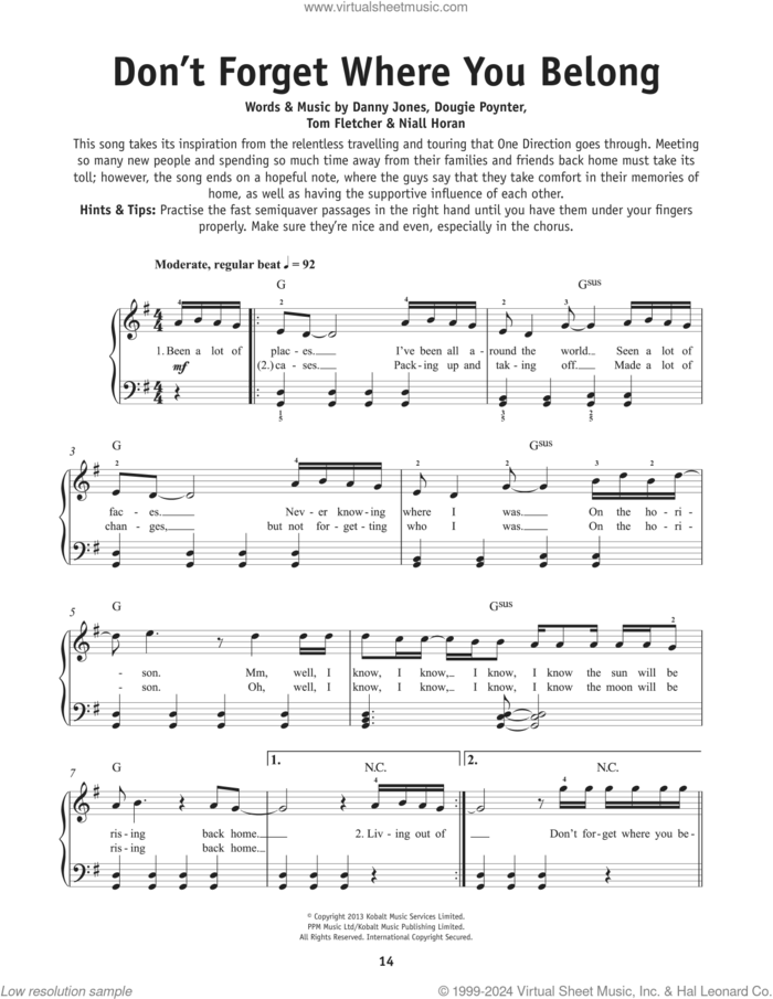 Don't Forget Where You Belong sheet music for piano solo by One Direction, Danny Jones, Dougie Poynter, Niall Horan and Thomas Fletcher, beginner skill level