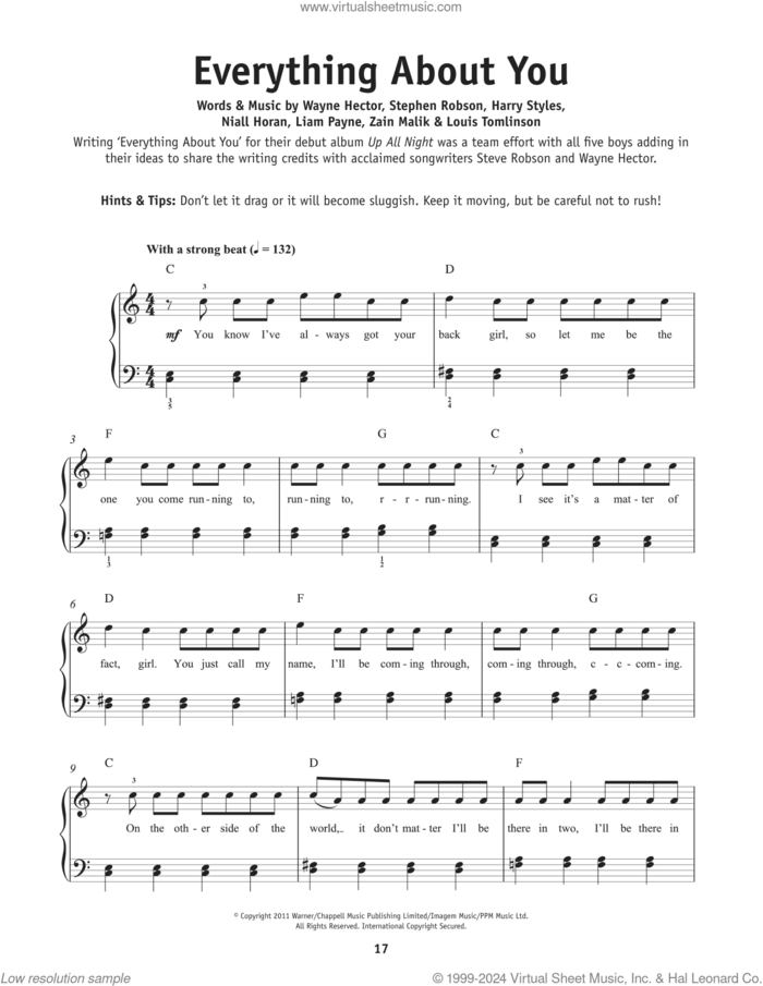 Everything About You sheet music for piano solo by One Direction, Edward Styles, Liam Payne, Louis Tomlinson, Niall Horan, Steve Robson, Wayne Hector and Zain Malik, beginner skill level