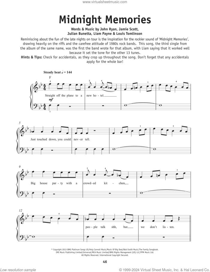 Midnight Memories sheet music for piano solo by One Direction, Jamie Scott, John Ryan, Julian Bunetta, Liam Payne and Louis Tomlinson, beginner skill level