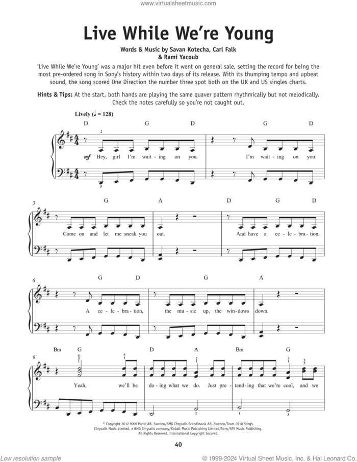 Live While We're Young sheet music for piano solo by One Direction, Carl Falk, Rami and Savan Kotecha, beginner skill level