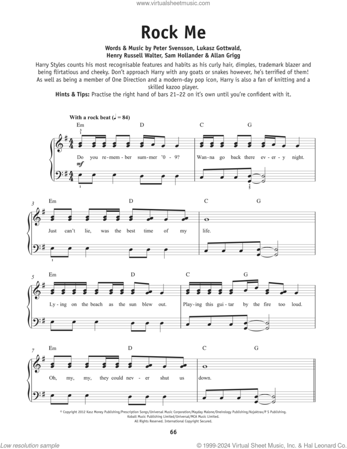 Rock Me, (beginner) sheet music for piano solo by One Direction, Allan Grigg, Henry Walter, Lukasz Gottwald, Peter Svensson and Sam Hollander, beginner skill level