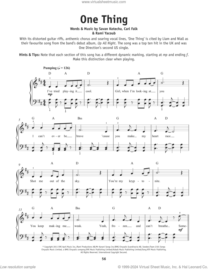 One Thing, (beginner) sheet music for piano solo by One Direction, Carl Falk, Rami and Savan Kotecha, beginner skill level