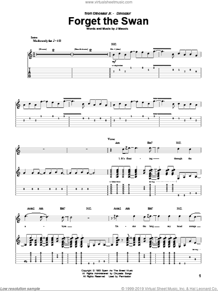 Forget The Swan sheet music for guitar (tablature) by Dinosaur Jr. and Joseph Mascis, intermediate skill level