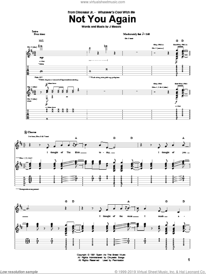 Not You Again sheet music for guitar (tablature) by Dinosaur Jr. and Joseph Mascis, intermediate skill level