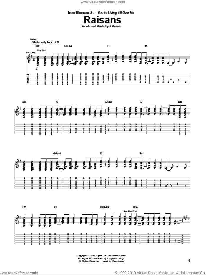 Raisans sheet music for guitar (tablature) by Dinosaur Jr. and Joseph Mascis, intermediate skill level