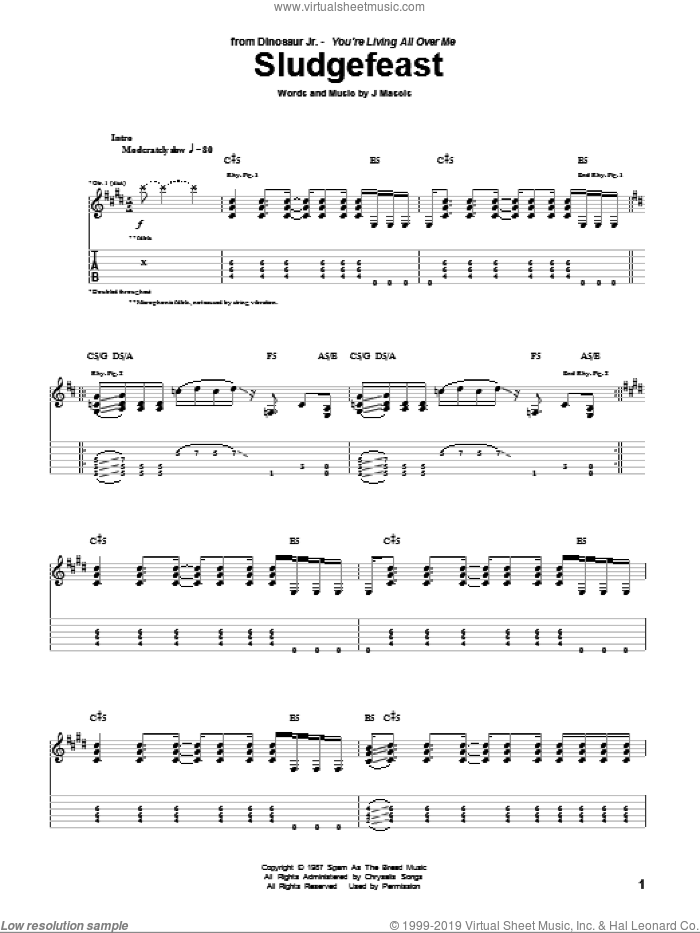 Sludgefeast sheet music for guitar (tablature) by Dinosaur Jr. and Joseph Mascis, intermediate skill level
