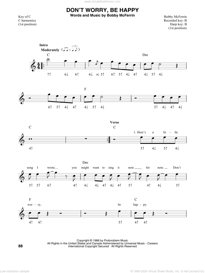 Don't Worry, Be Happy sheet music for harmonica solo by Bobby McFerrin, intermediate skill level