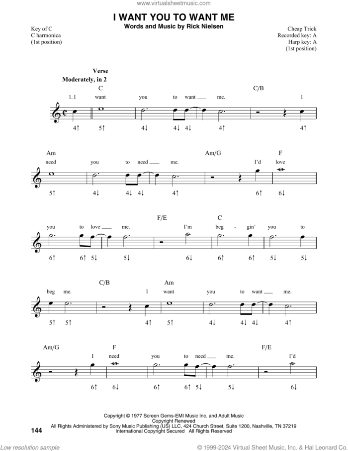 I Want You To Want Me sheet music for harmonica solo by Cheap Trick and Rick Nielsen, intermediate skill level