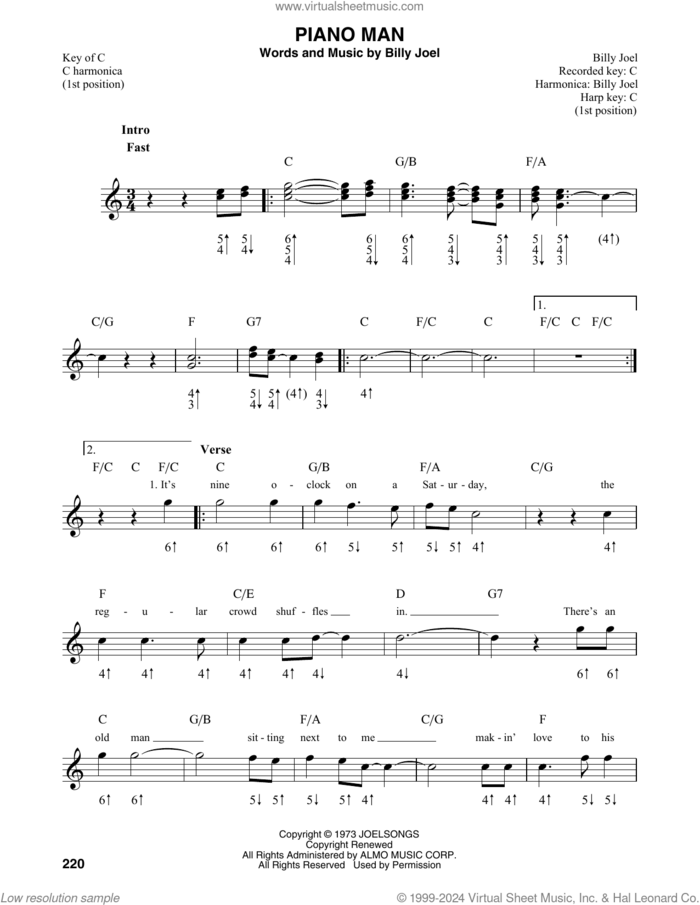 Piano Man sheet music for harmonica solo by Billy Joel, intermediate skill level