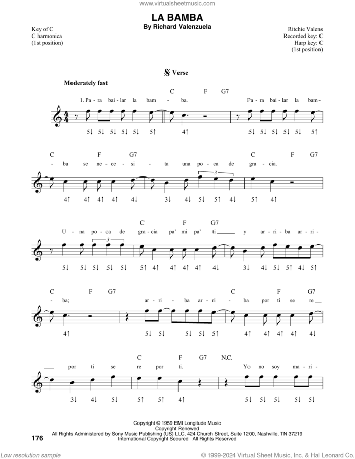 La Bamba sheet music for harmonica solo by Ritchie Valens, intermediate skill level