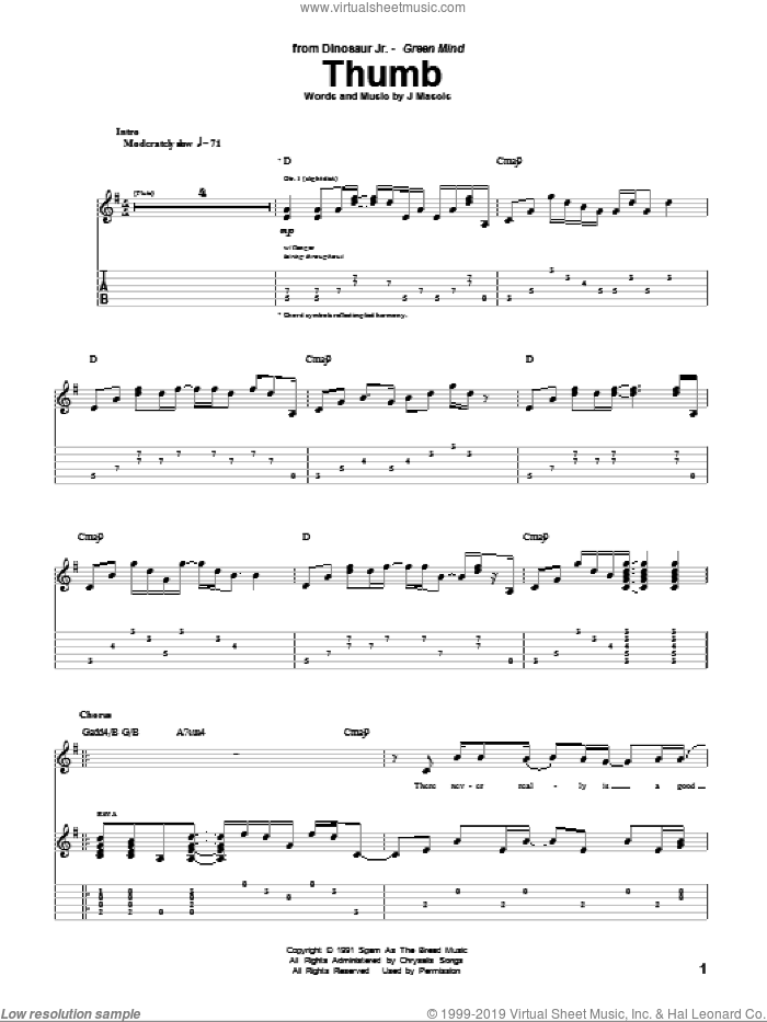Thumb sheet music for guitar (tablature) by Dinosaur Jr. and Joseph Mascis, intermediate skill level