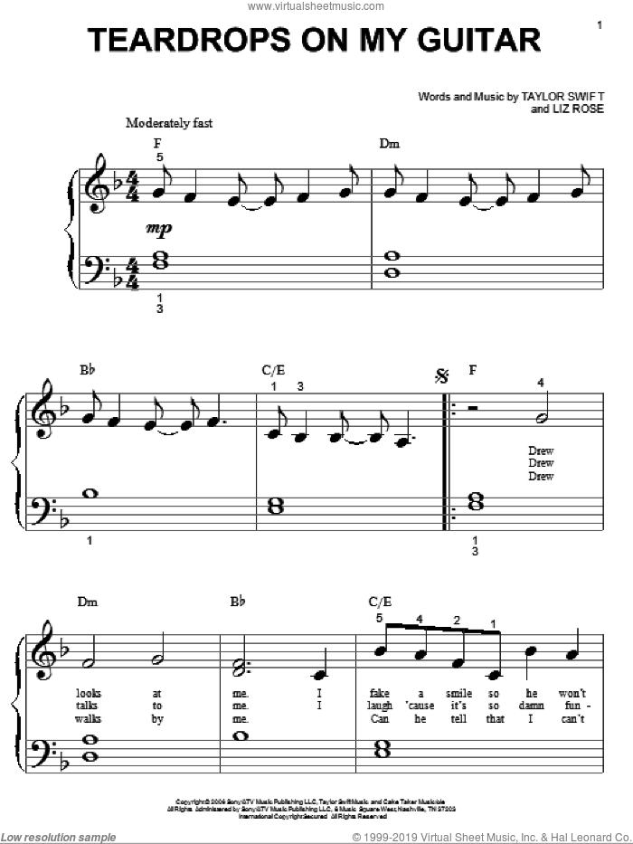 Teardrops On My Guitar sheet music for piano solo (big note book) by Taylor Swift and Liz Rose, easy piano (big note book)