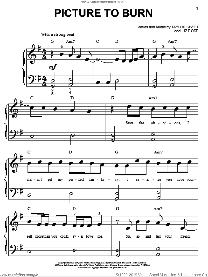 Picture To Burn sheet music for piano solo (big note book) by Taylor Swift and Liz Rose, easy piano (big note book)