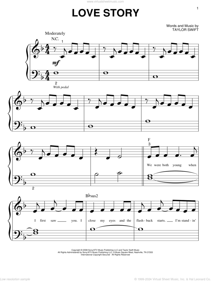 Love Story sheet music for piano solo (big note book) by Taylor Swift, easy piano (big note book)