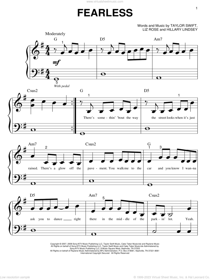 Fearless sheet music for piano solo (big note book) by Taylor Swift, Hillary Lindsey and Liz Rose, easy piano (big note book)