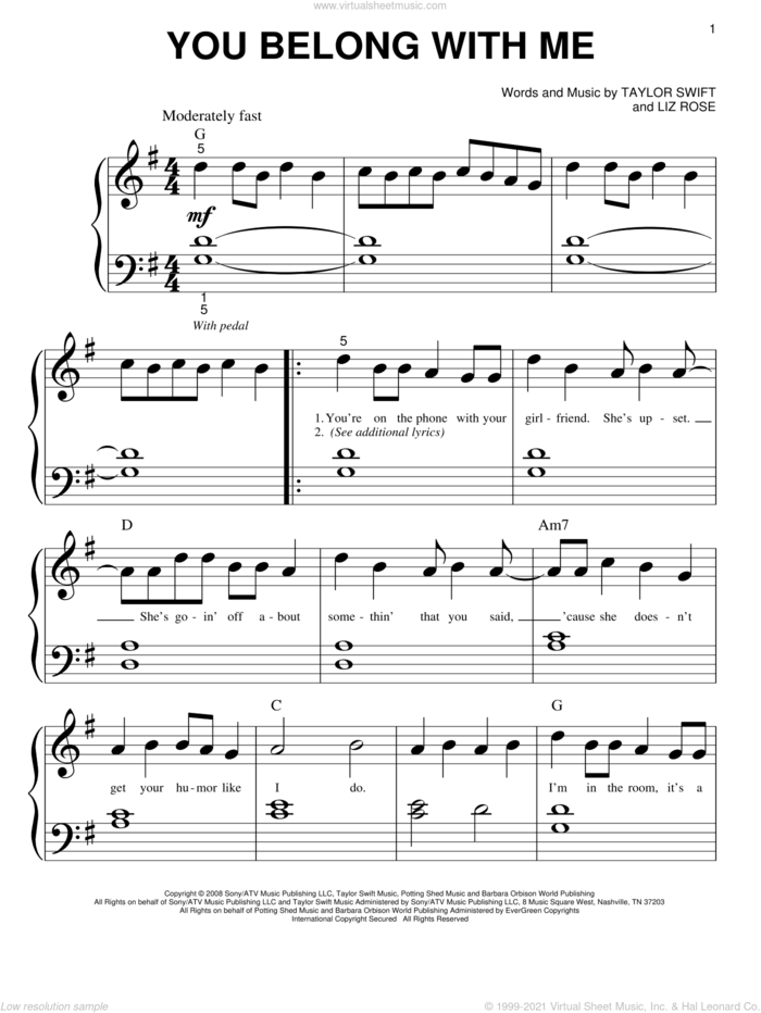 You Belong With Me sheet music for piano solo (big note book) by Taylor Swift and Liz Rose, easy piano (big note book)
