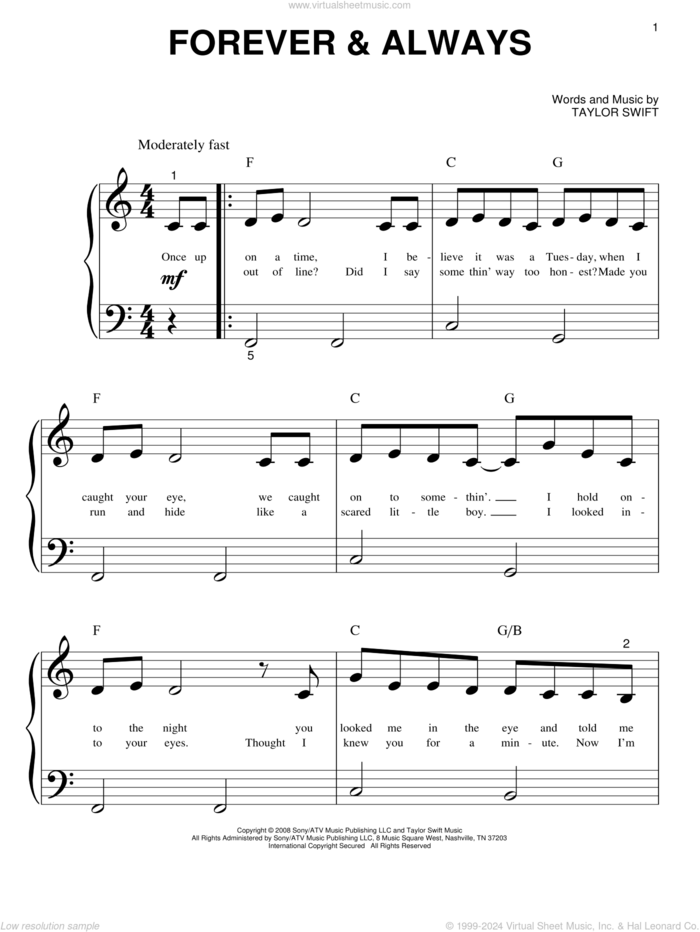 Forever and Always sheet music for piano solo (big note book) by Taylor Swift, easy piano (big note book)