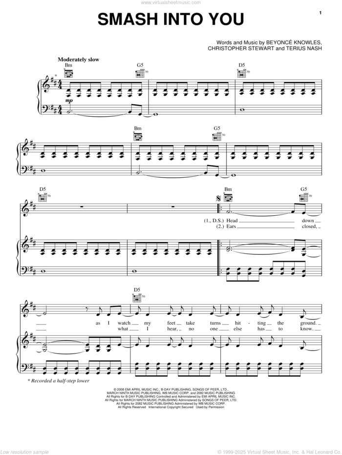 Smash Into You sheet music for voice, piano or guitar by Beyonce, Christopher Stewart and Terius Nash, intermediate skill level