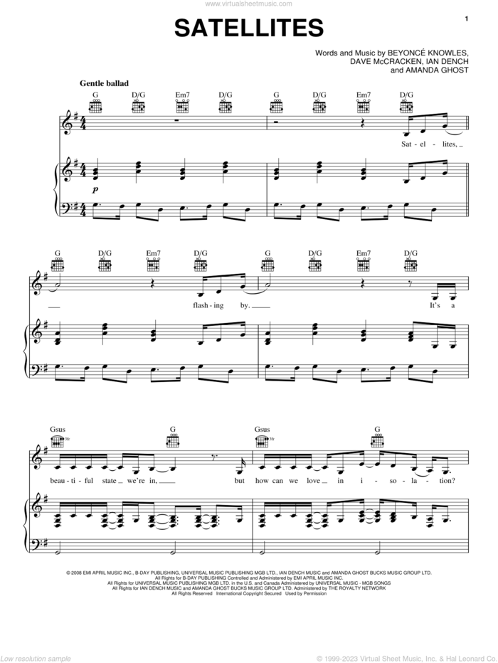 Satellites sheet music for voice, piano or guitar by Beyonce, Amanda Ghost, Dave McCracken and Ian Dench, intermediate skill level