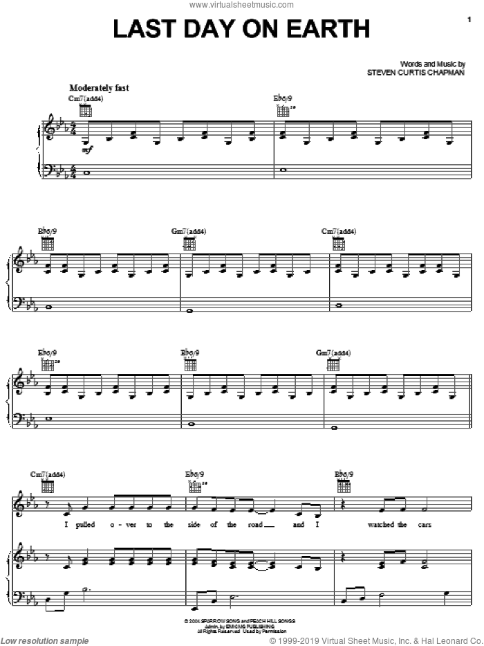 Last Day On Earth sheet music for voice, piano or guitar by Steven Curtis Chapman, intermediate skill level