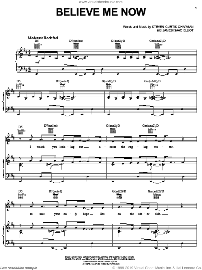 Believe Me Now sheet music for voice, piano or guitar by Steven Curtis Chapman and James Isaac Elliot, intermediate skill level