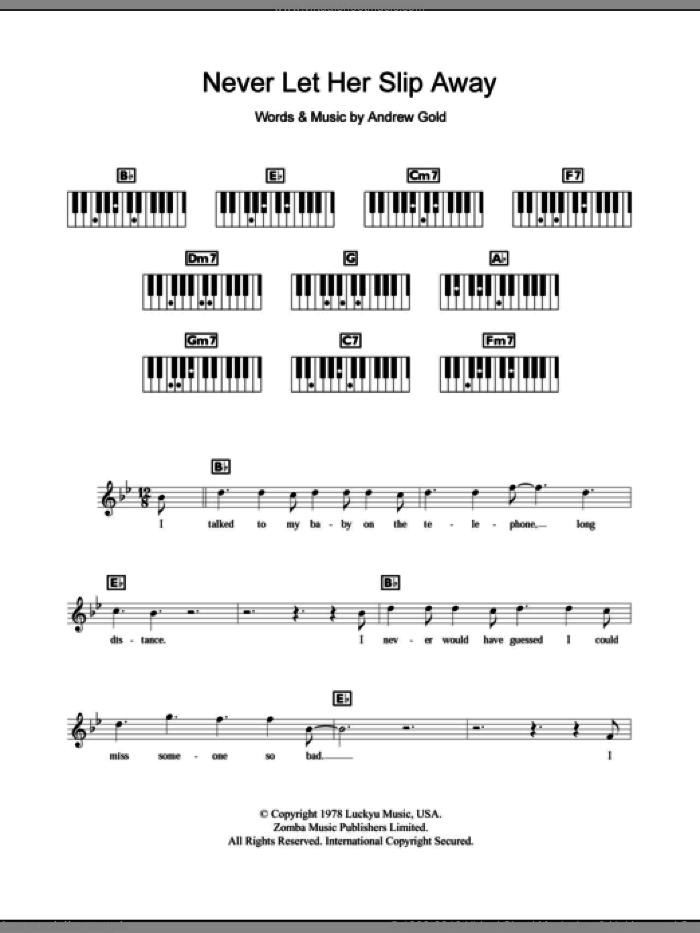 Never Let Her Slip Away sheet music for piano solo (chords, lyrics, melody) by Andrew Gold, intermediate piano (chords, lyrics, melody)