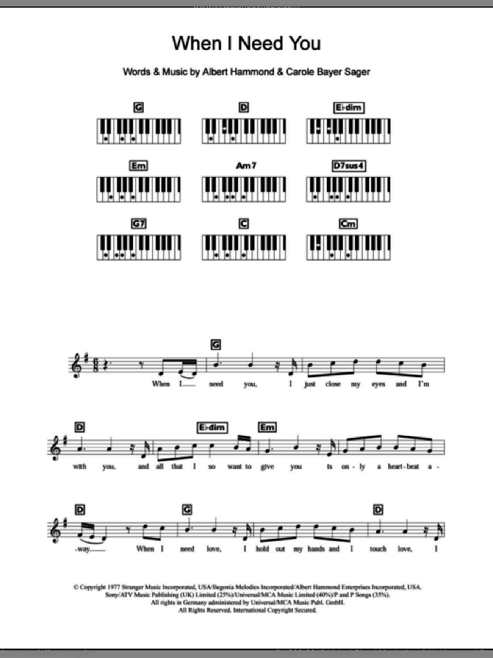 When I Need You sheet music for piano solo (chords, lyrics, melody) by Celine Dion, Will Mellor, Albert Hammond and Carole Bayer Sager, intermediate piano (chords, lyrics, melody)