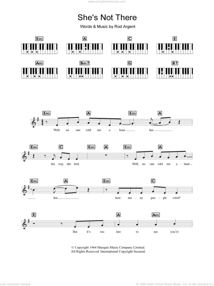 She's Not There sheet music for piano solo (chords, lyrics, melody) by The Zombies, Carlos Santana and Rod Argent, intermediate piano (chords, lyrics, melody)